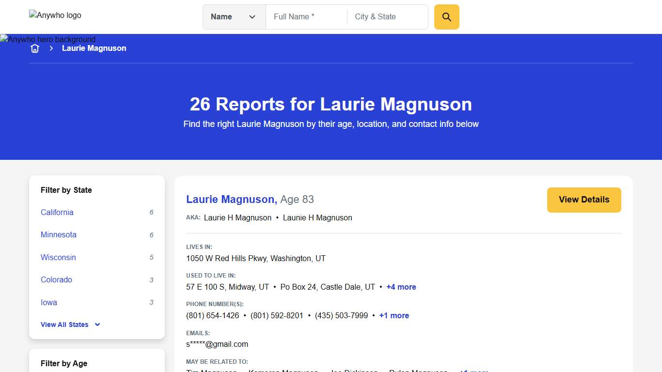 26 Reports for Laurie Magnuson Anywho