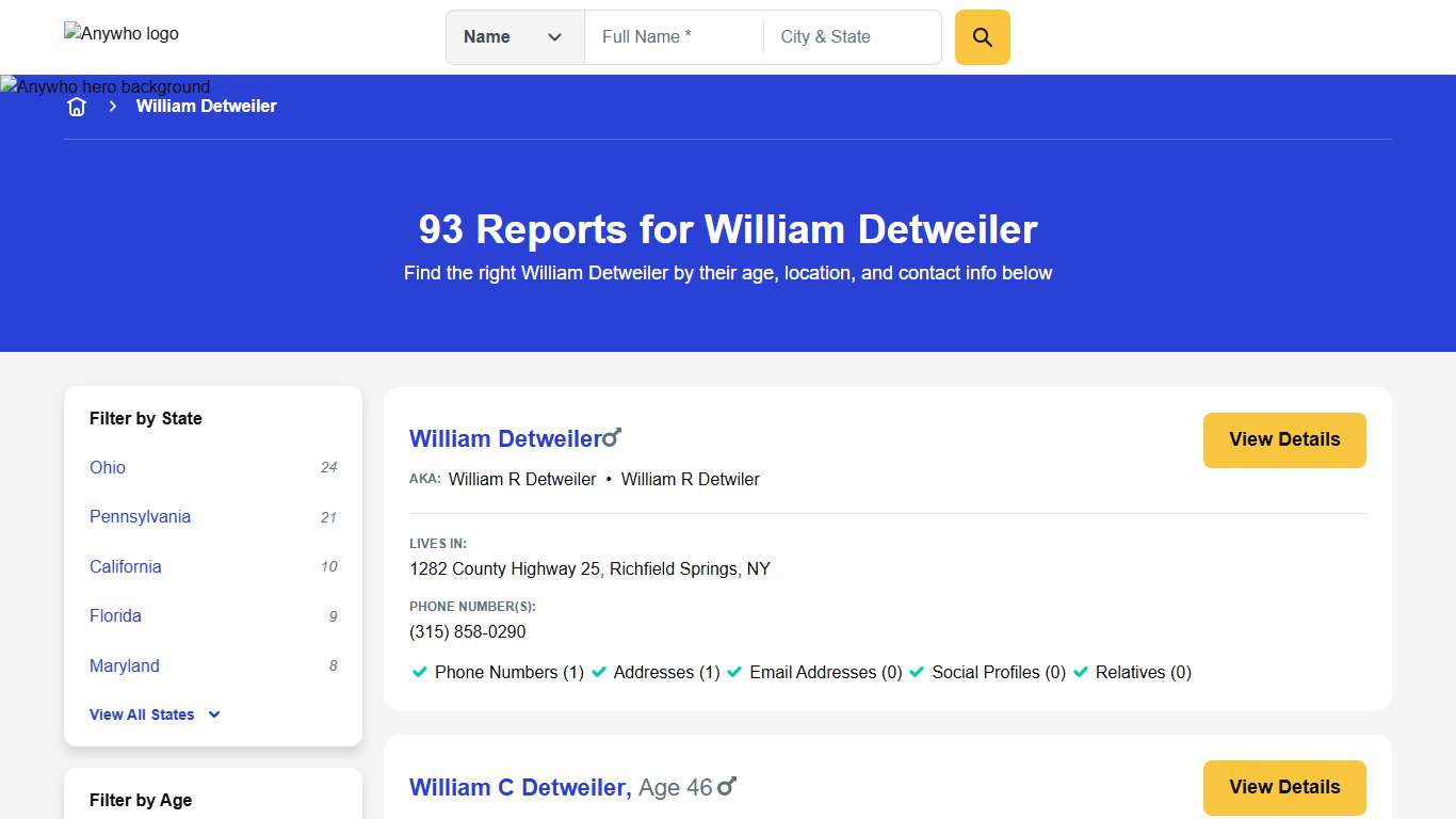 93 Reports for William Detweiler Anywho