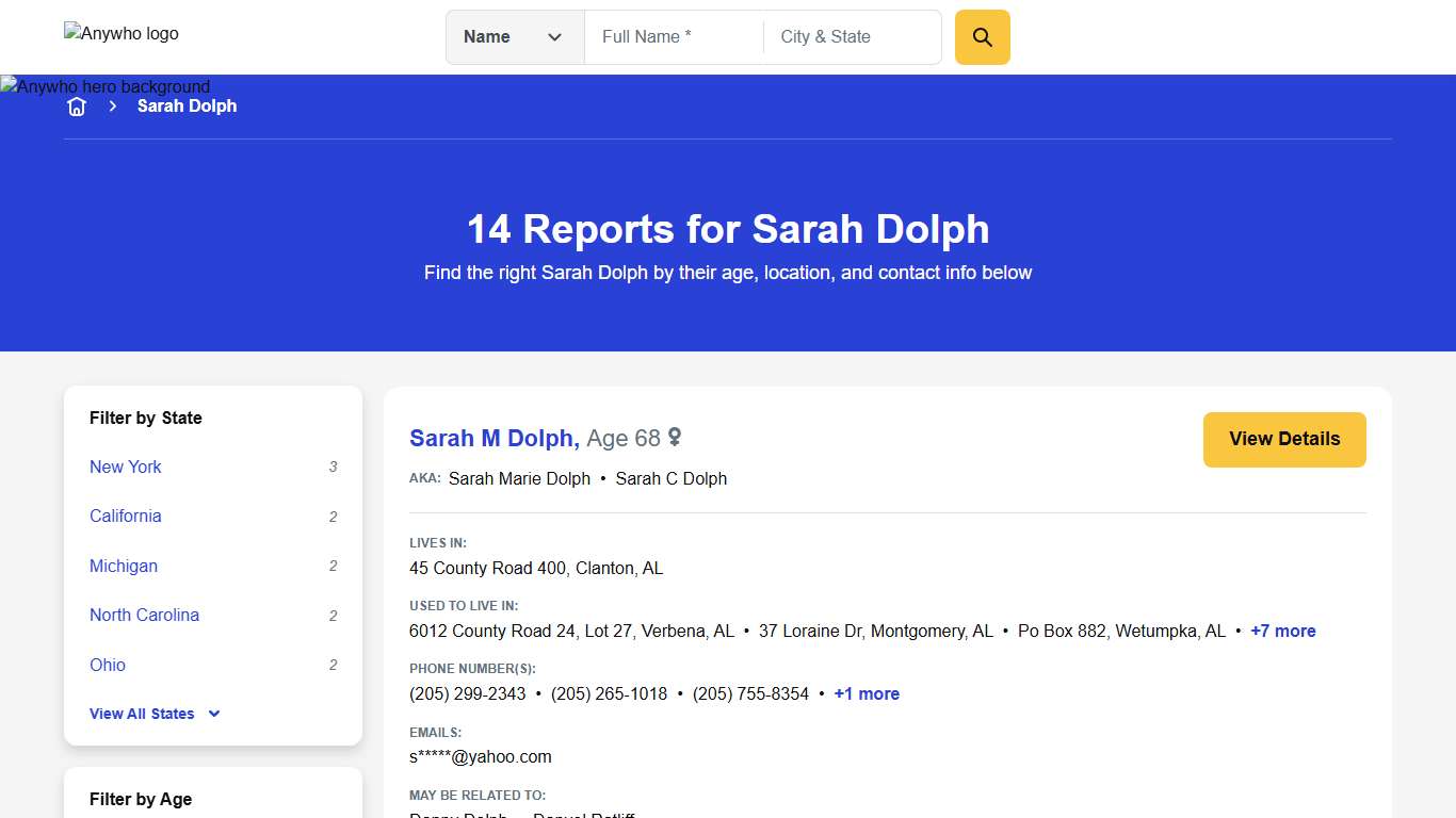14 Reports for Sarah Dolph Anywho